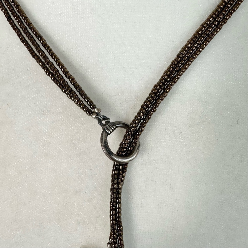 Handmade Beaded Pearl and Pewter Chamsa 3 Tier Y Necklace - Picture 3 of 5